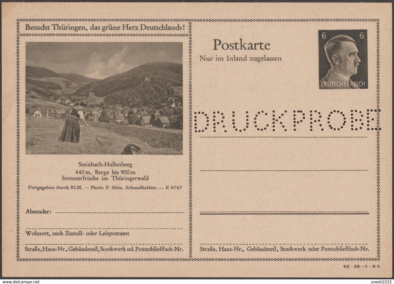 Allemagne 1942. Entier Postal Touristique Perforé Druckprobe, Spécimen. Steinbach-Hallenberg, Thuringe. Agricultrice - Agriculture