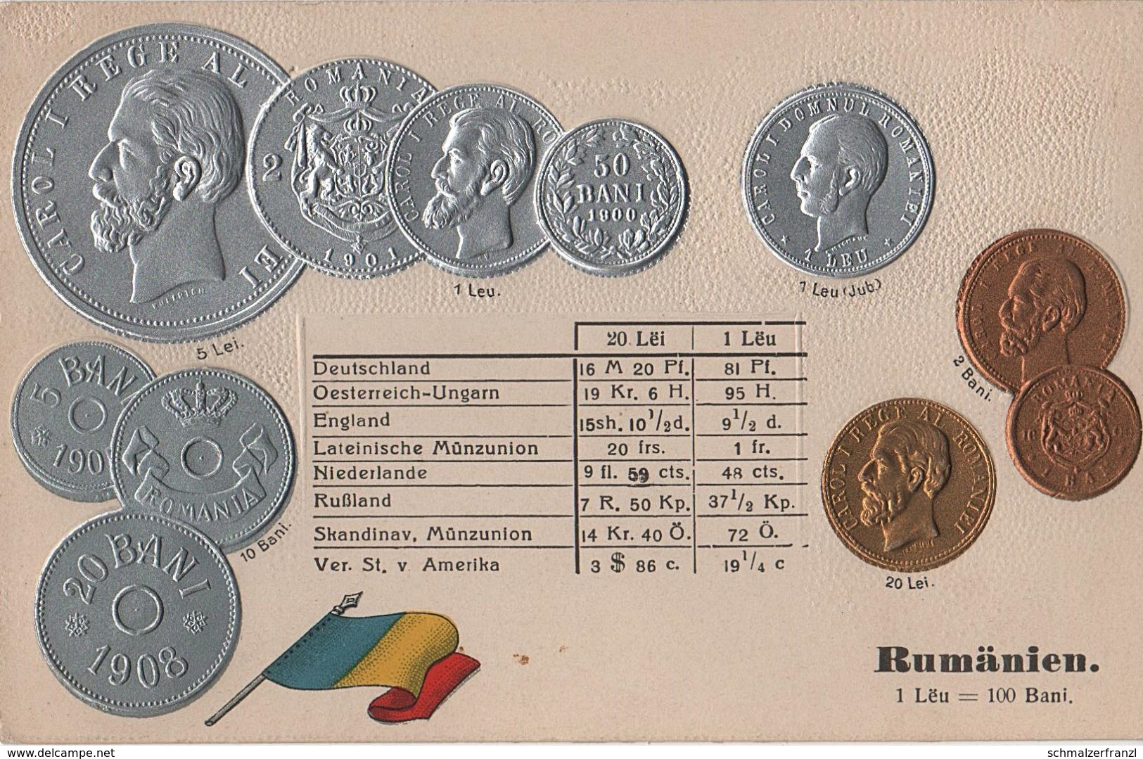 Litho Münzkarte AK Rumänien Romania Roumanie Romaniei Bani Leu Lei Nationalflagge Rege Carol I Coin Pièce Moneda - Monnaies (représentations)