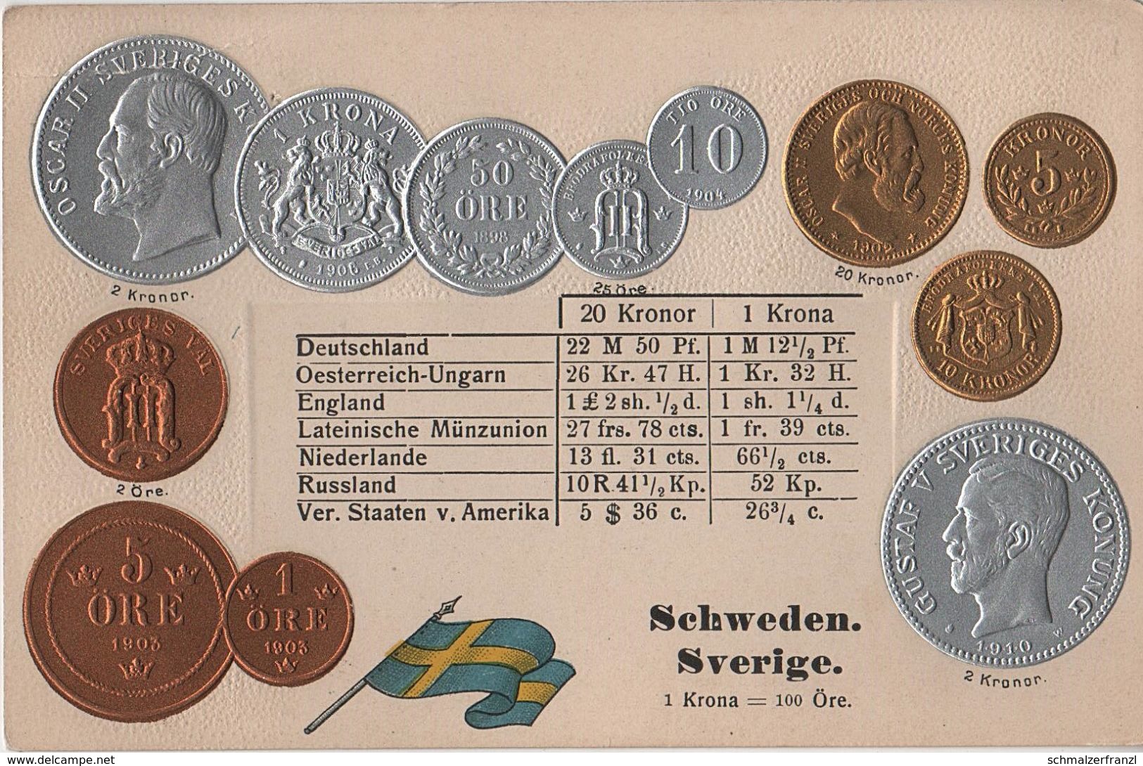 Litho Münzkarte AK Schweden Sverige Suède Sweden Öre Krona Kronor 1898 Nationalflagge Gustaf Oscar II Konung Coin Pièce - Monnaies (représentations)