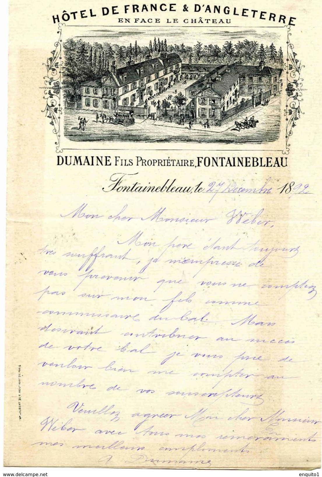 Hôtel De France Et D'Angleterre, Face Au Château, Propriétaire Monsieur DUMAINE Fils, Fontainebleau, 1892 - Deportes & Turismo