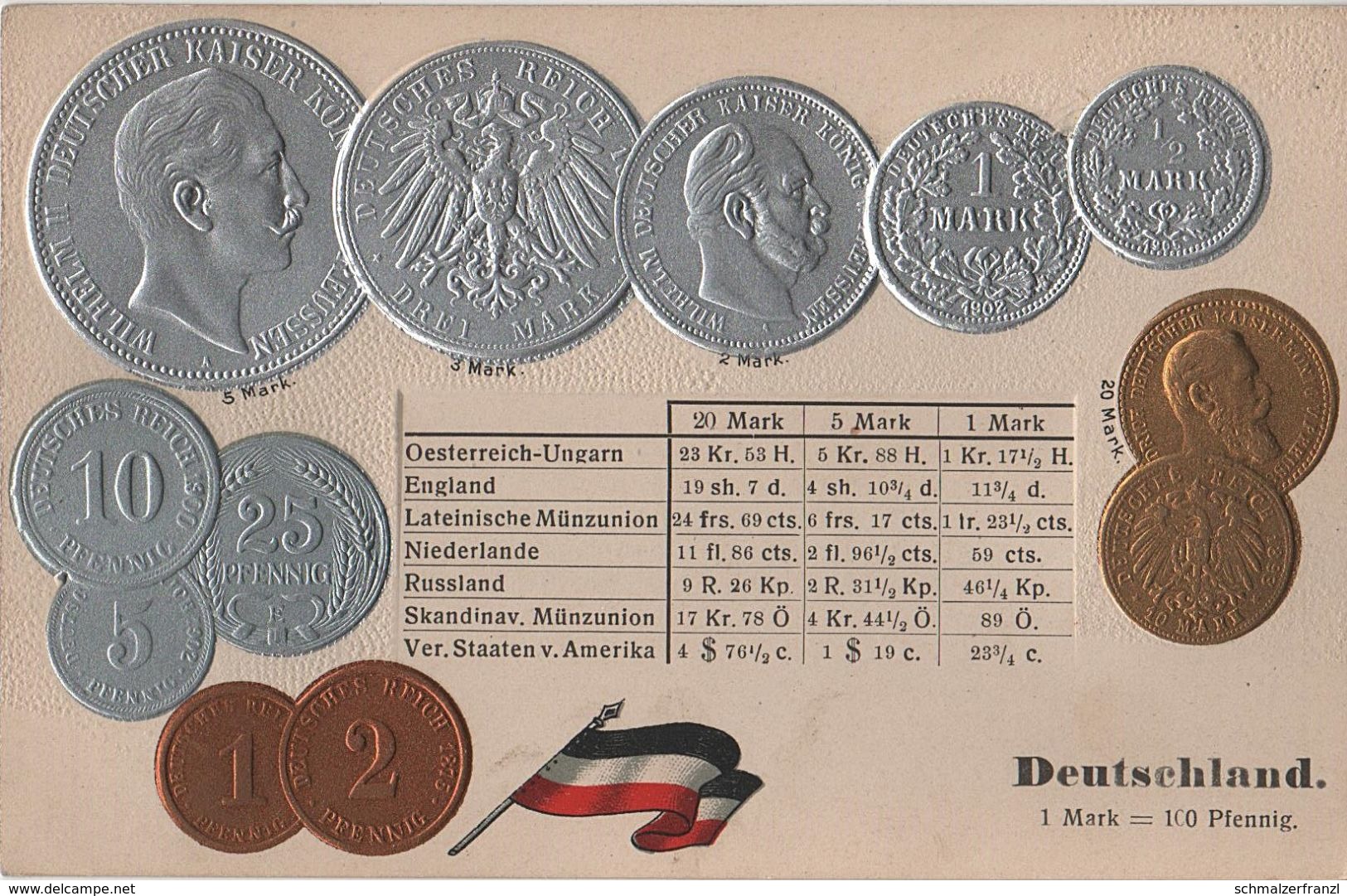 Litho Münzkarte AK Deutsches Reich 1 Pfennig 10 Reichsmark Silbermark Mark Kaiser Wilhelm II Nationalflagge Münzwesen - Monnaies (représentations)