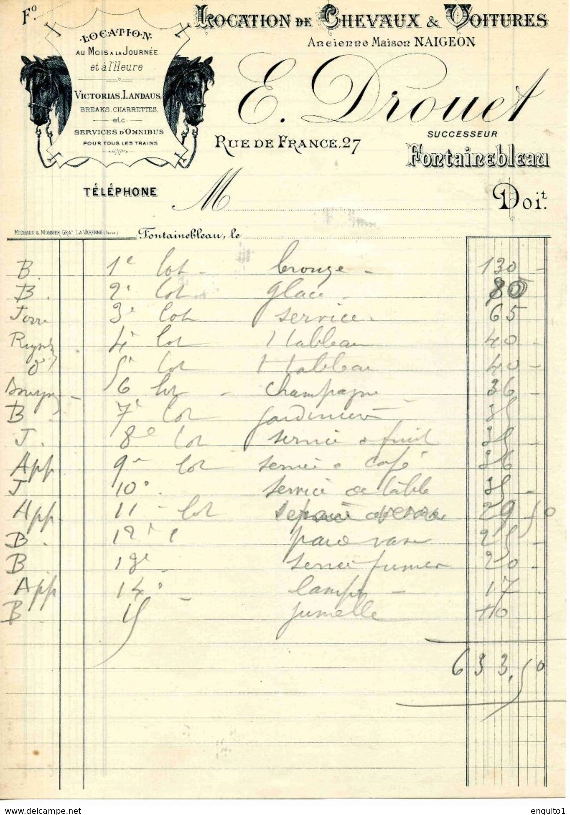 Location De Chevaux Et De Voitures Pour Transports, Maison E. DURAND, FONTAINEBLEAU, Rue De France N°27, Vers 1900 - Autres & Non Classés