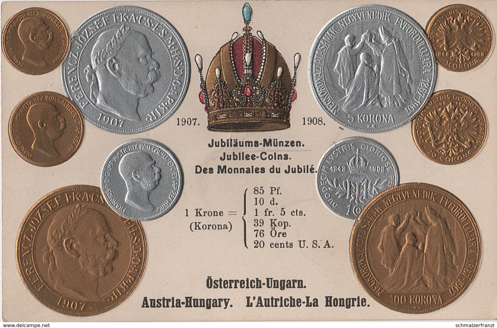 Litho Münzkarte AK Österreich Ungarn Austria Hungary Autriche Hongrie Jubiläums Münzen 1907 1908 Kaiser Krone Coin Pièce - Monnaies (représentations)