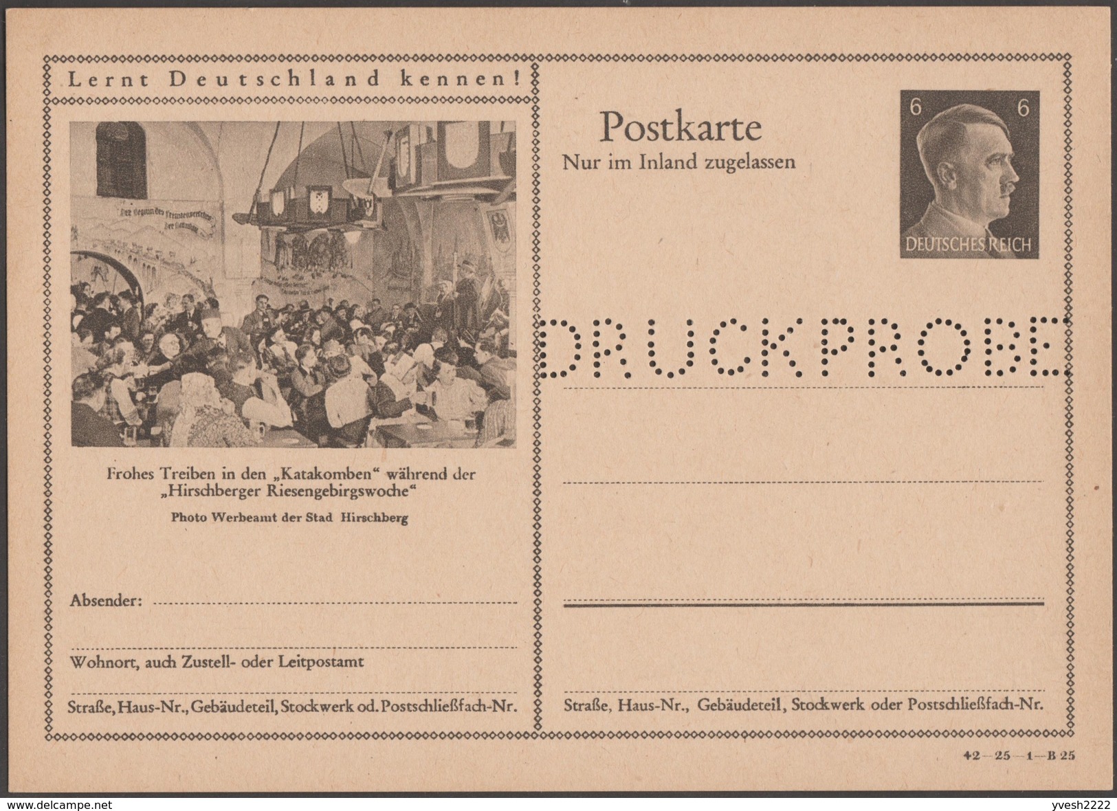 Pologne  Allemagne 1942. Entier Postal Touristique Perforé Druckprobe, Hirschberg (Jelenia Góra).fêtes Catacombes - Autres & Non Classés