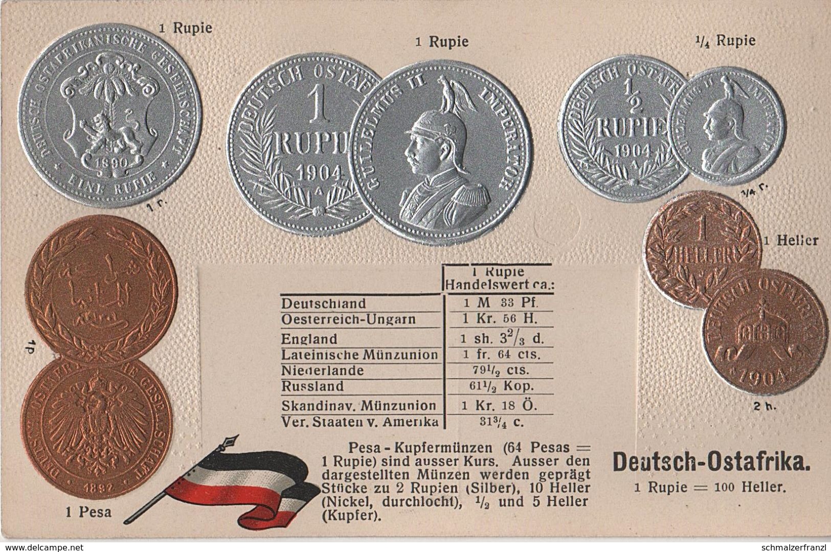 Litho Münzkarte AK Deutsch Ostafrika DOA Kolonie Ostafrikanische Gesellschaft Kaiser Guilelmus Wilhelm 1890 Coin Pièce - Tansania