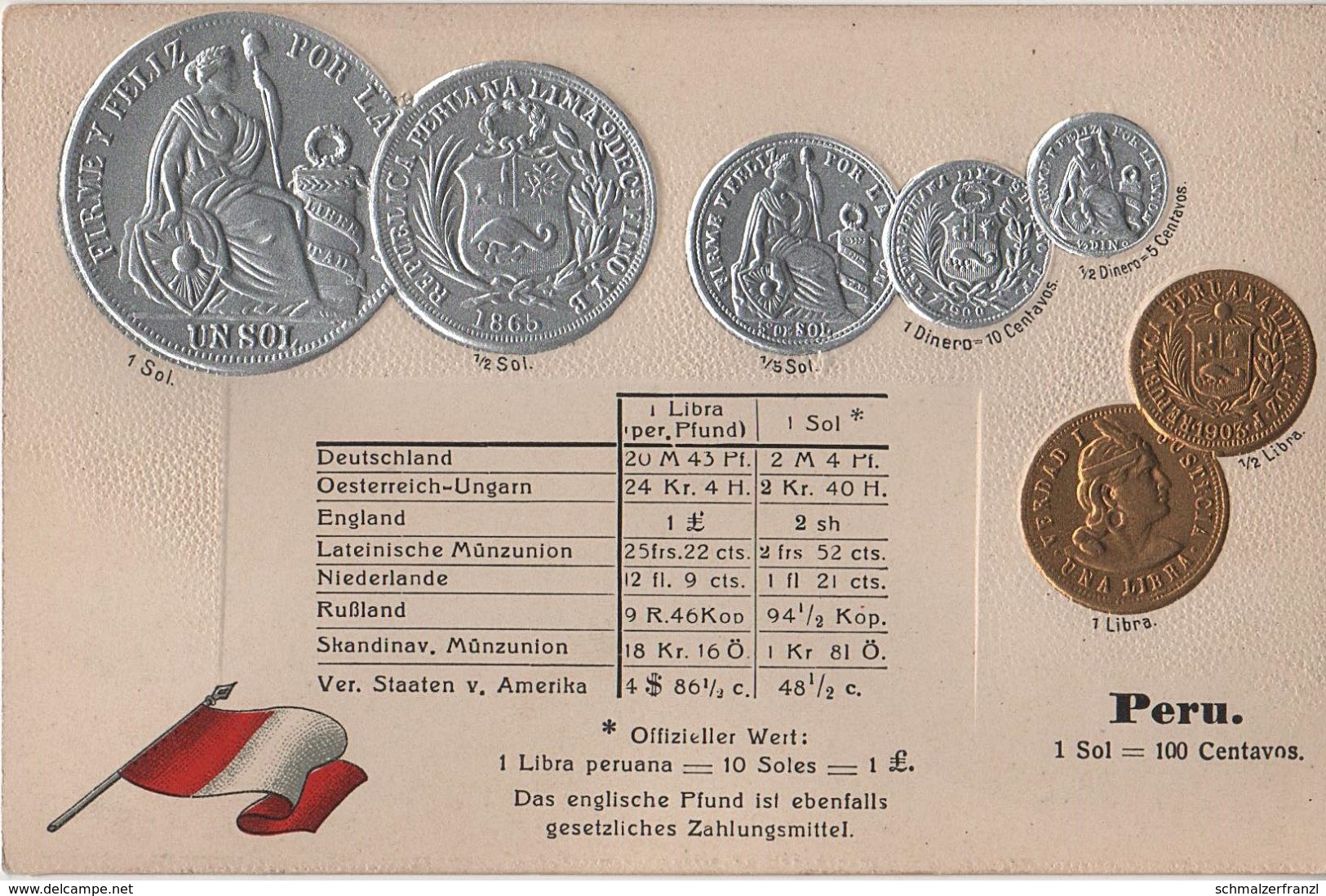 Litho Münzkarte AK Peru Pérou Perú Centavos Sol Dinero Libra Nationalflagge Coin Pièce Moneda America Del Sur Bandera - Monnaies (représentations)