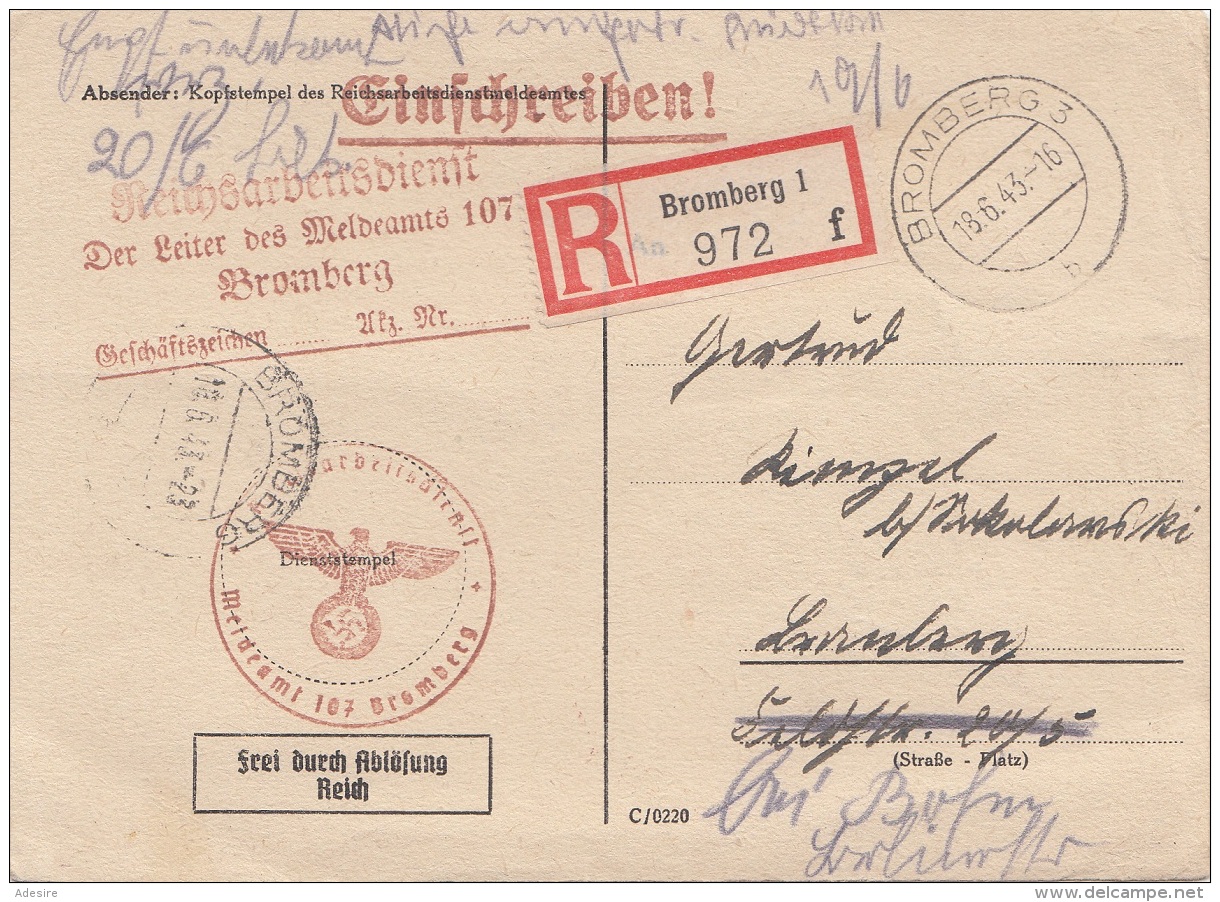 ÖSTERREICH EINSCHREIBEN 1943 - Freisstempel Bromberg Auf R-Pk Des Reichsarbeitsdienstes, Gel.1943 - Briefe U. Dokumente