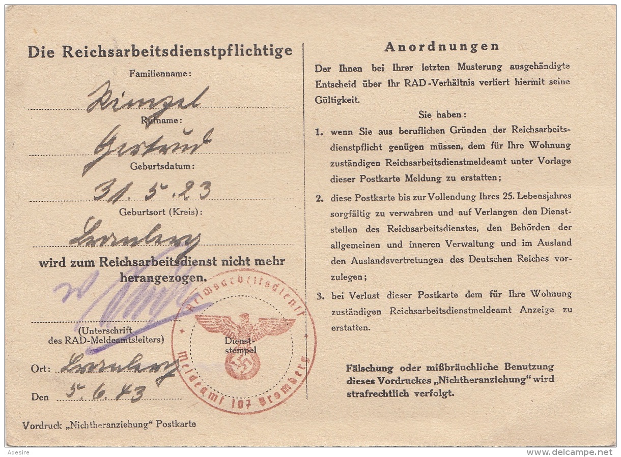 ÖSTERREICH EINSCHREIBEN 1943 - Freisstempel Bromberg Auf R-Pk Des Reichsarbeitsdienstes, Gel.1943 - Briefe U. Dokumente