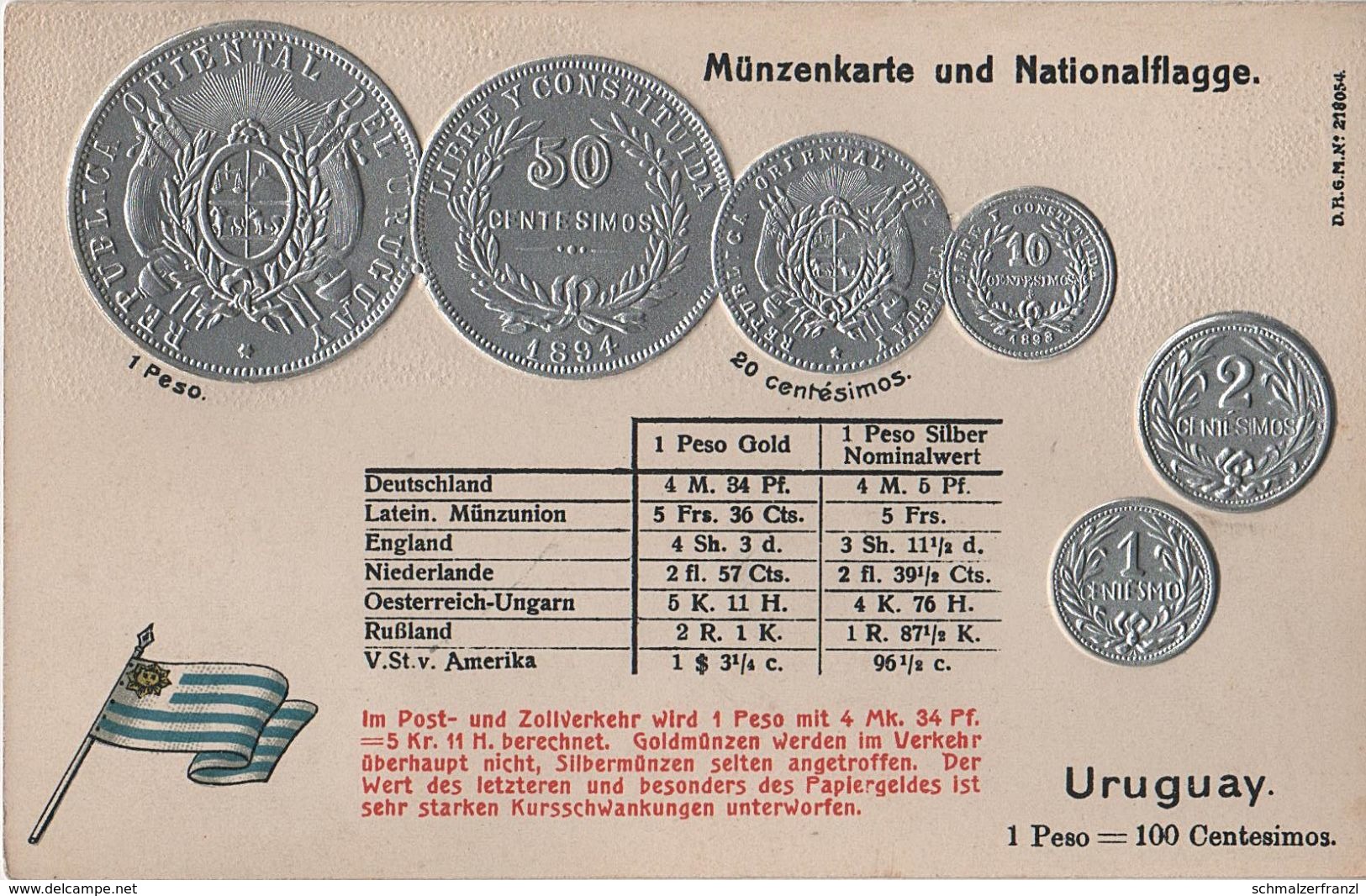 Litho Münzkarte AK Uruguay Centesimo Centesimos Peso Nationalflagge Coin Pièce Moneda America Del Sur Bandera Pabellon - Monedas (representaciones)