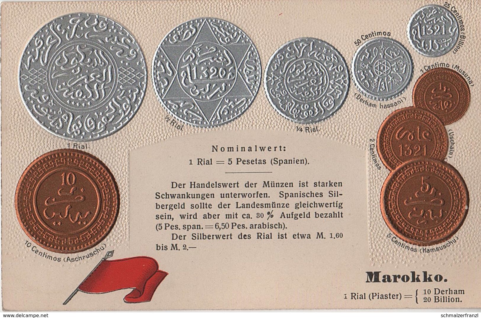 Litho Münzkarte AK Marokko Morocco Maroc Marruecos Flus Centimos Rial Pesetas Hassani Nationalflagge Coin Pièce Moneda - Coins (pictures)