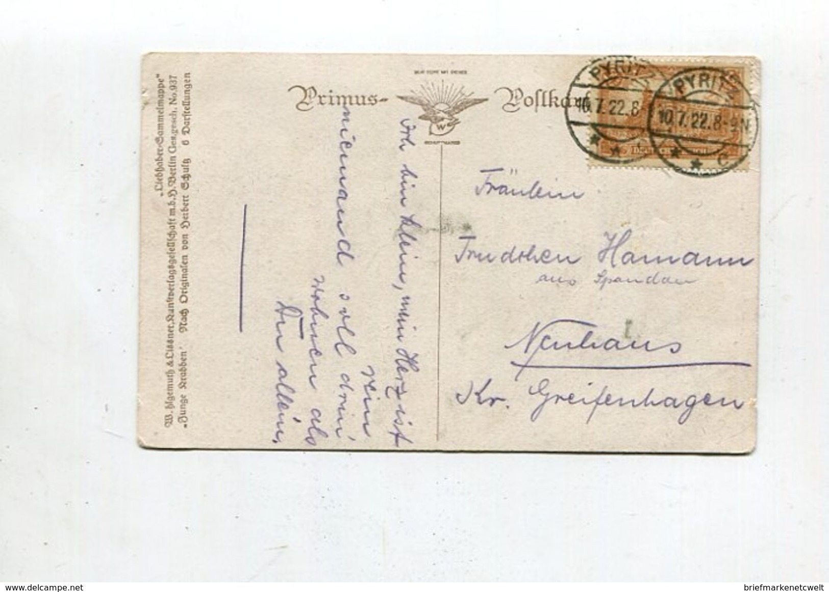 Deutsches Reich / 1922 / Mi. 114 EF A. AK "Ein Sonnenbad" O PYRITZ (01864) - Briefe U. Dokumente