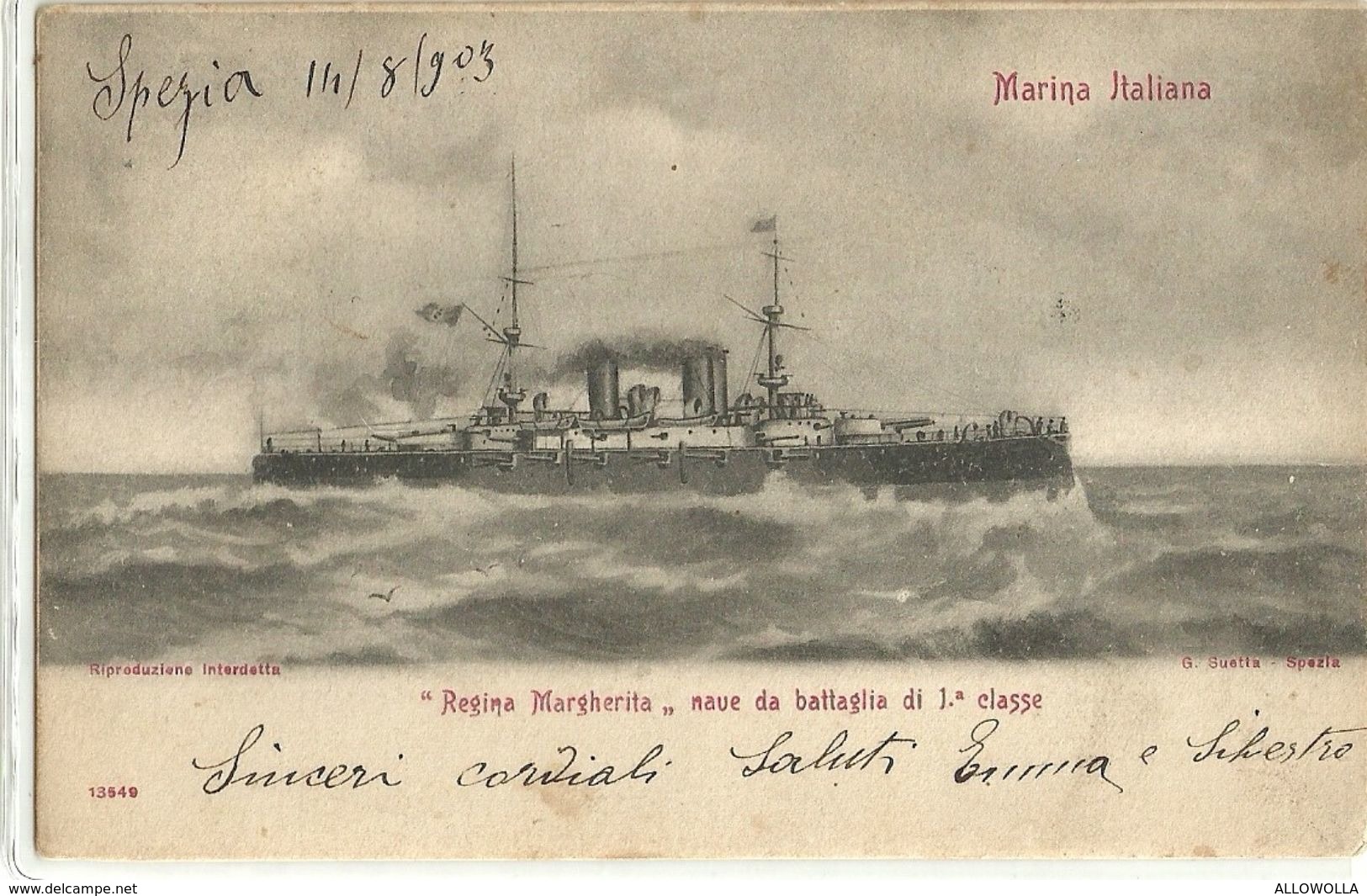 332 - "REGINA MARGHERITA - NAVE DA BATTAGLIA DI 1° CLASSE " CARTOLINA ORIGINALE - SPEDITA - Warships