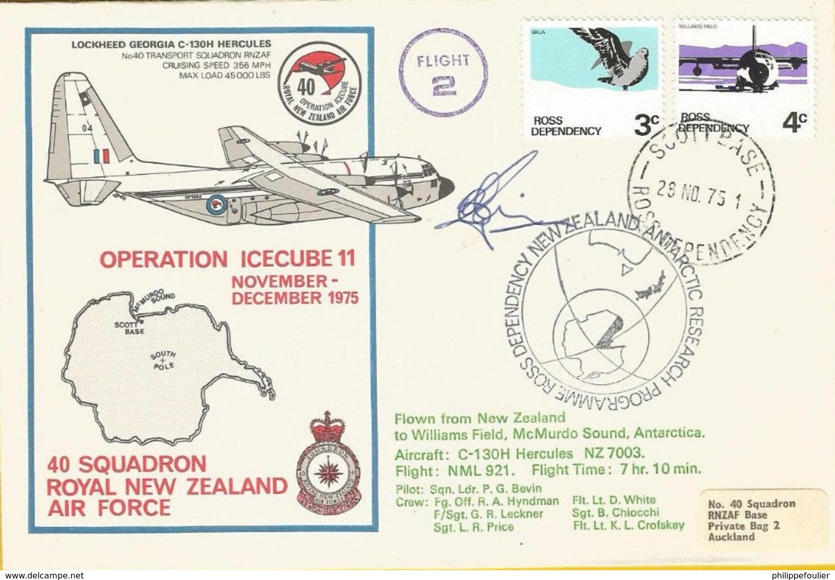 Plis Aériens SCOTT Base -  Operation Icecube 11 - Nov & Dec. 1975 - Flight Cover 40 Sqd. Royal New Zeland Air F  Signé - Brieven En Documenten