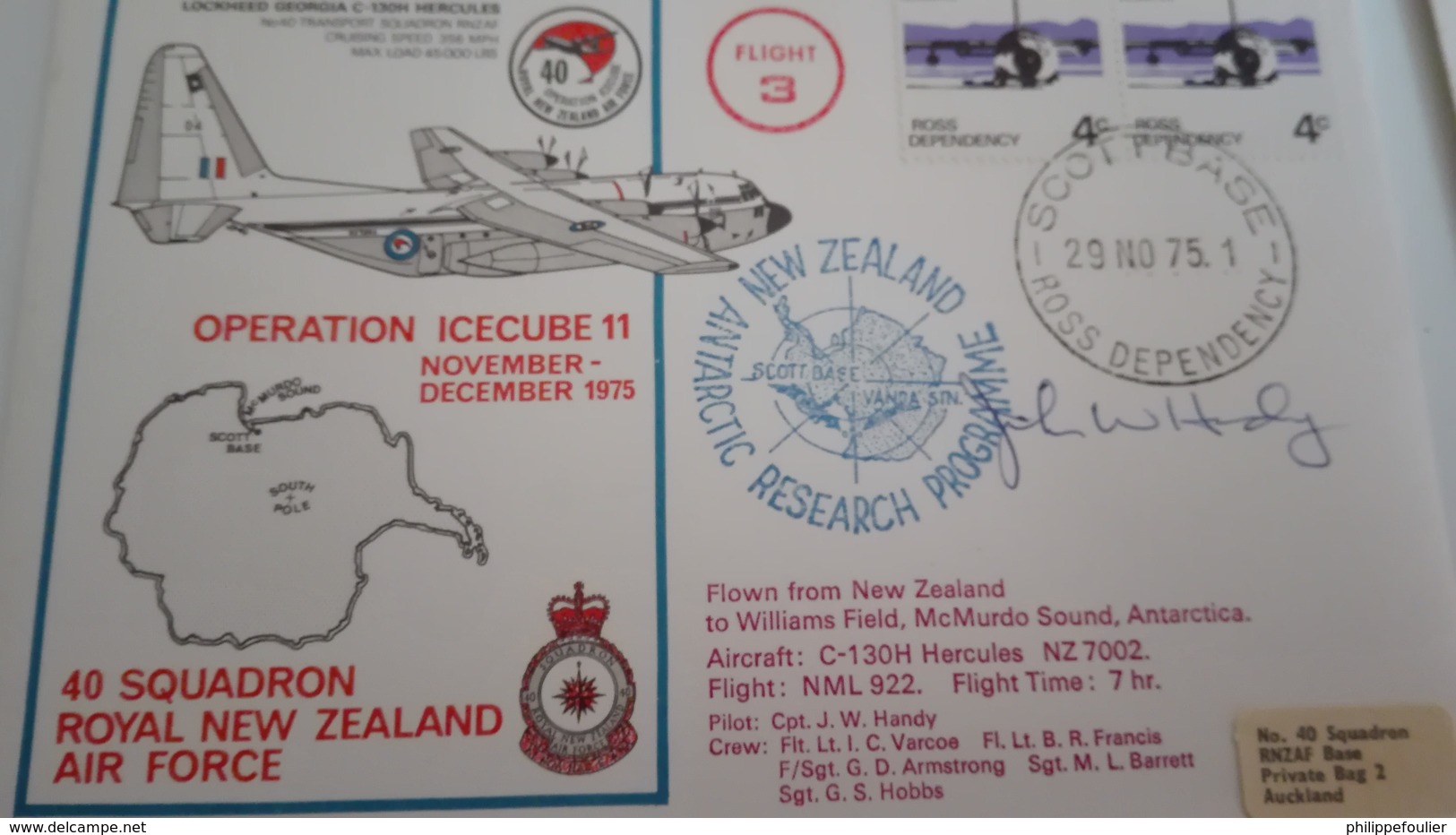 Plis Aériens SCOTT Base -  Operation Icecube 11 - Nov & Dec. 1975 - Flight Cover 40 Sqd. Royal New Zeland Air F  Signé - Brieven En Documenten
