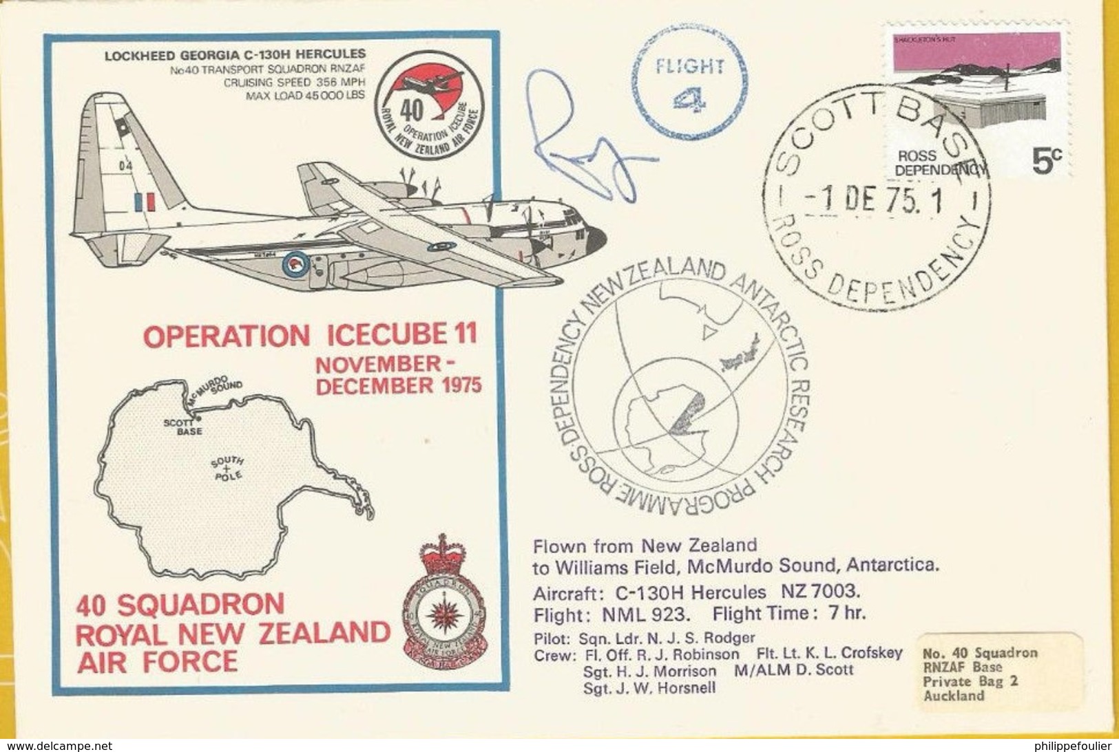 Plis Aériens SCOTT Base -  Operation Icecube 11 - Nov & Dec. 1975 - Flight Cover 40 Sqd. Royal New Zeland Air F  Signé - Covers & Documents