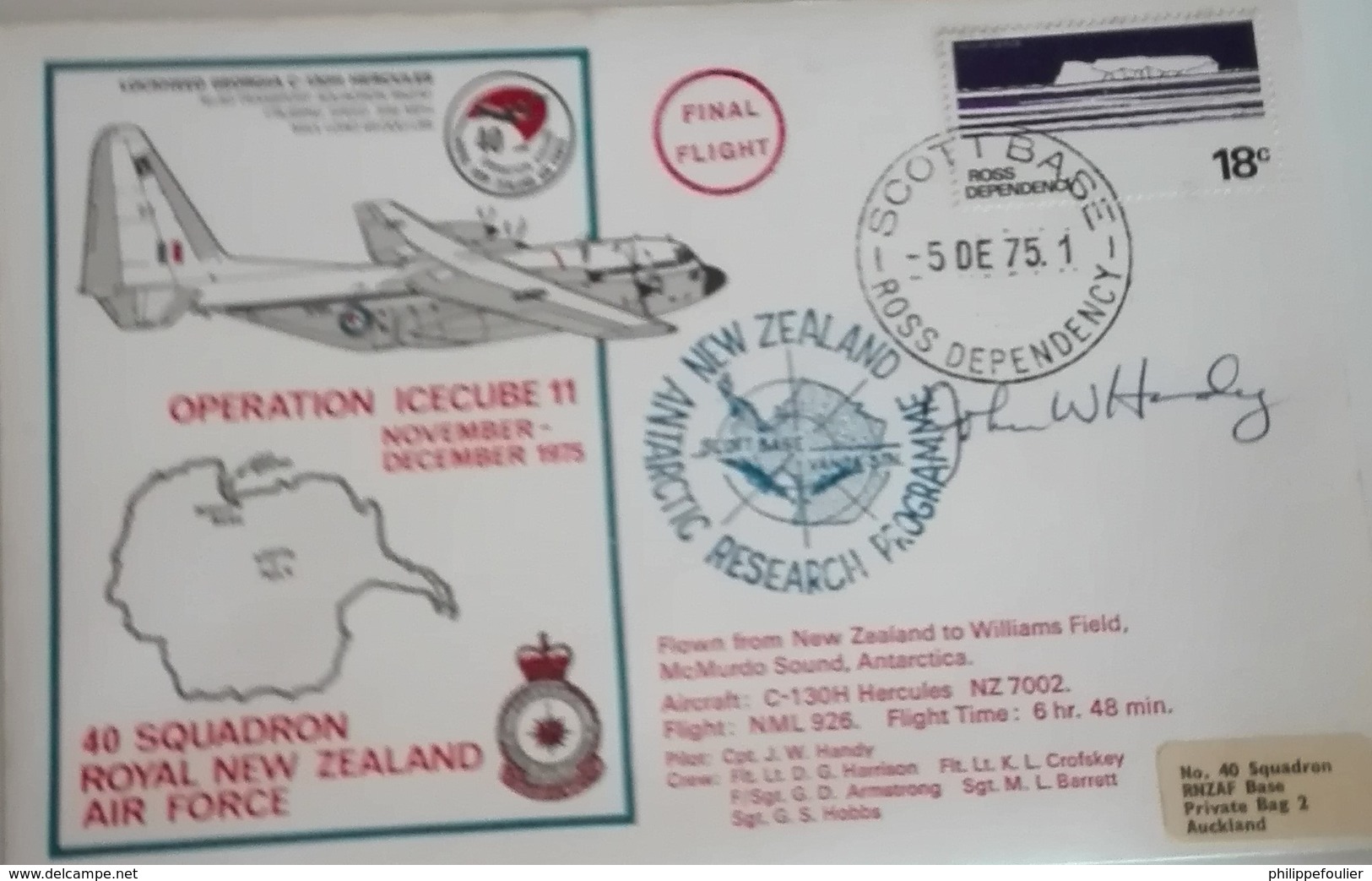 Plis aériens SCOTT Base -  Operation Icecube 11 - nov & dec. 1975 - Flight Cover 40 Sqd. Royal New Zeland Air F  signé