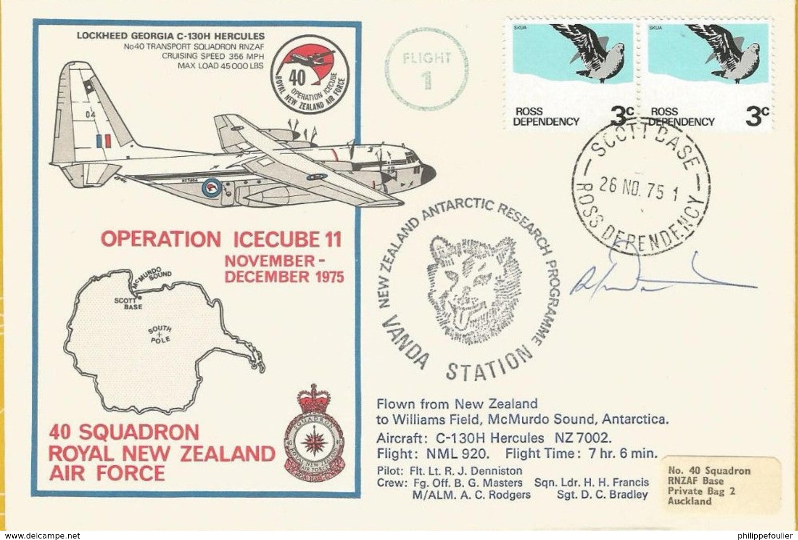 Plis aériens SCOTT Base -  Operation Icecube 11 - nov & dec. 1975 - Flight Cover 40 Sqd. Royal New Zeland Air F  signé