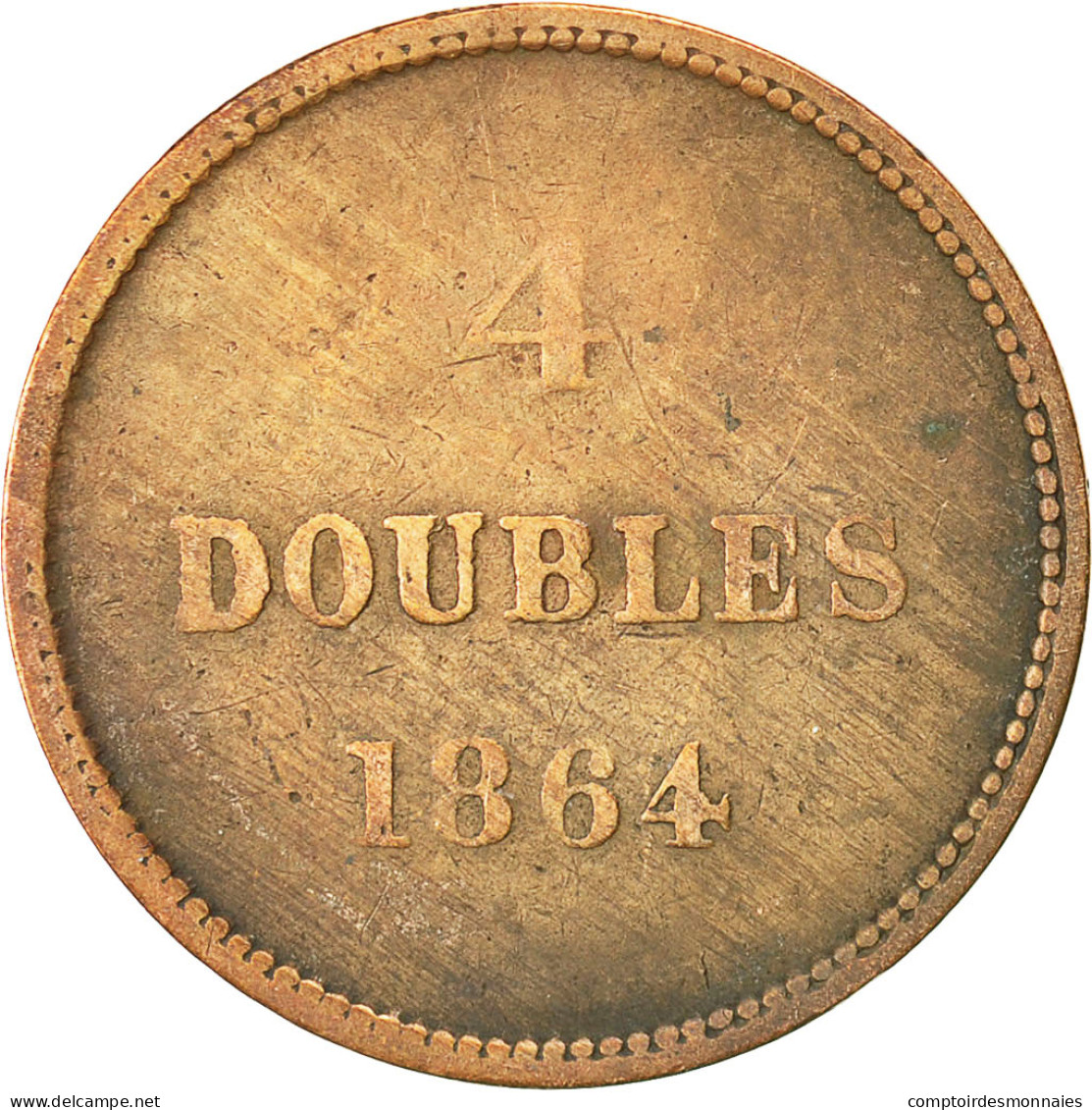 Monnaie, Guernsey, 4 Doubles, 1864, Heaton, Birmingham, TB+, Bronze, KM:5 - Guernesey