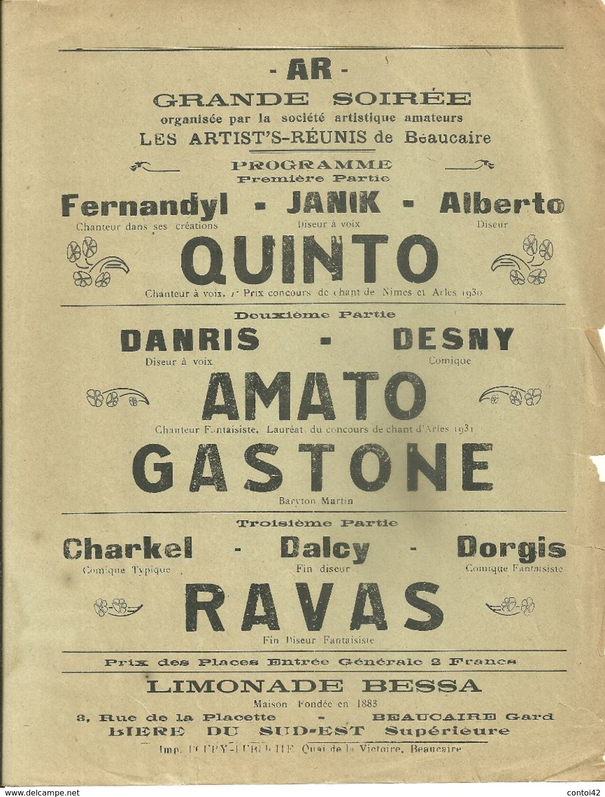 30 BEAUCAIRE AFFICHE LES ARTIST'S REUNIS QUINTO AMATO GASTONE RAVAS PUBLICITE LIMONADE BIERE DU SUD EST BESSA GARD - Posters