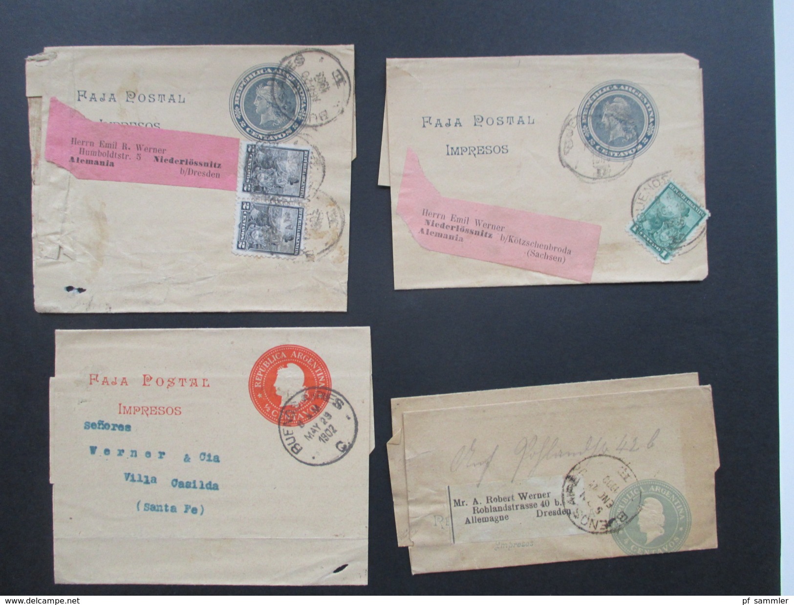 Argentinien 1900 - 1903 Streifbänder 4 Stück / 2 Stk. Mit Zusatzfrankatur Nach Deutschland! Faja Postal Impresos - Briefe U. Dokumente