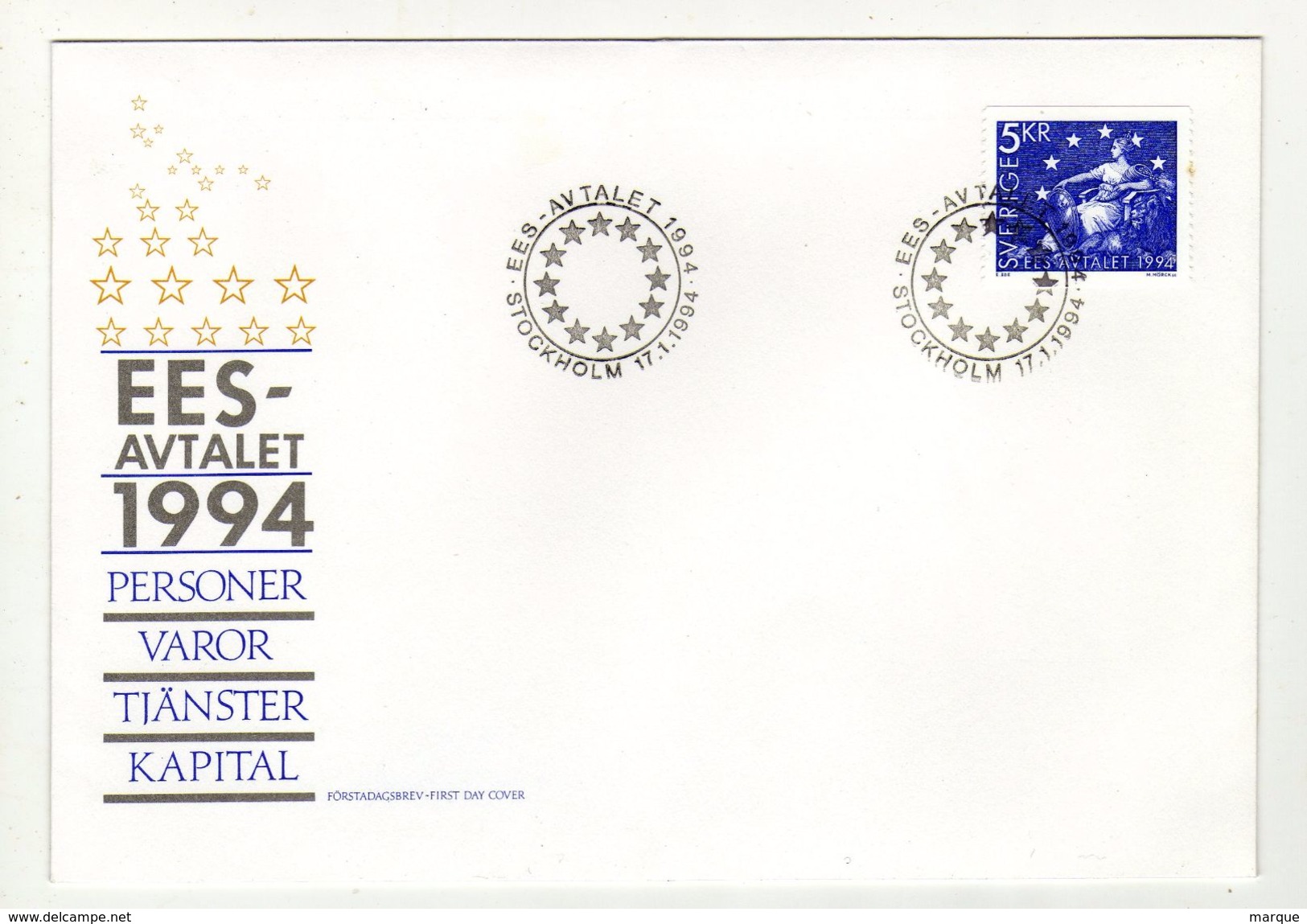 Enveloppe 1er Jour SVERIGE SUEDE Oblitération STOCKHOLM 17/01/1994 - FDC