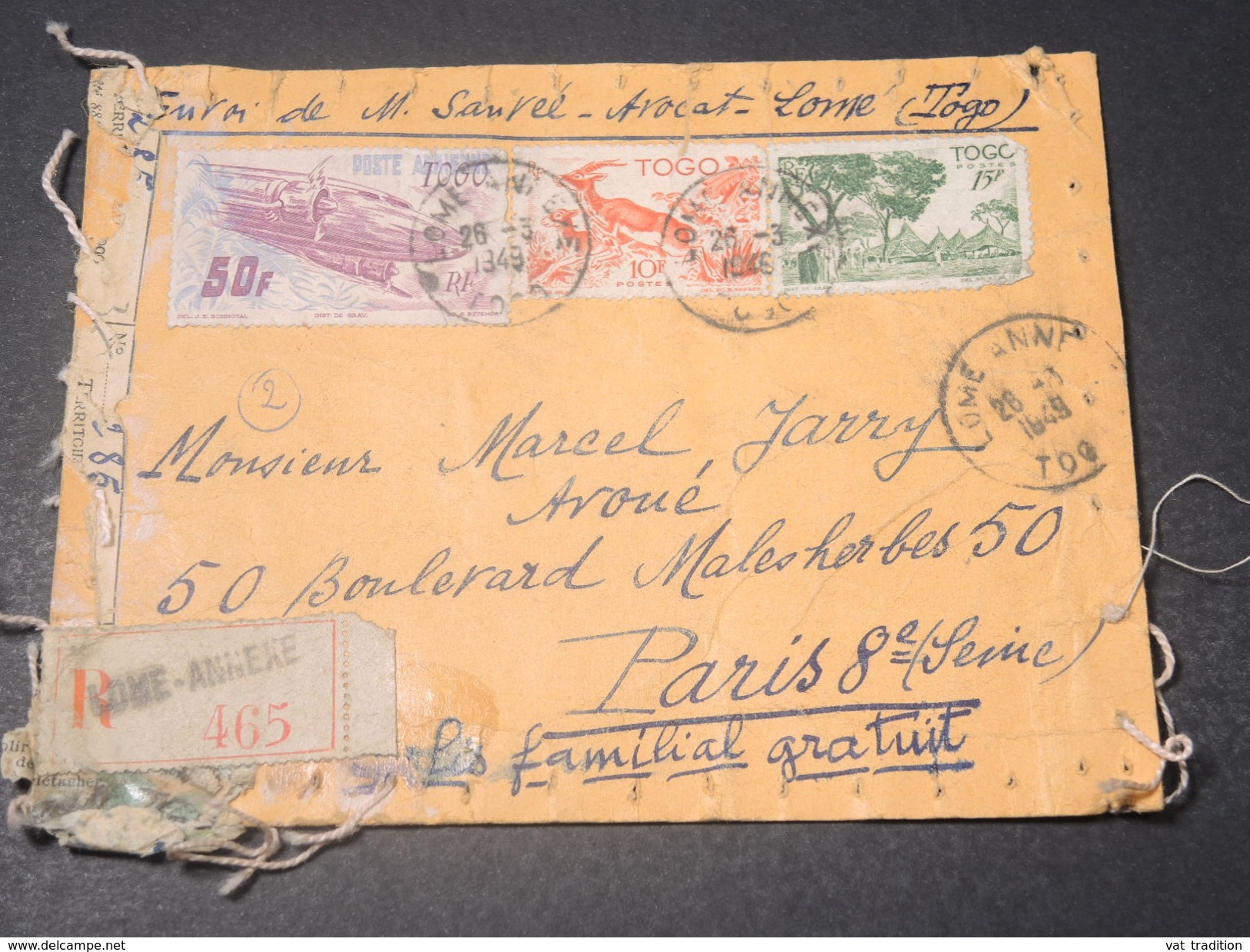 TOGO - Étiquette De Colis En Recommandé De Lomé ( Cousu Sur Le Sac )  En 1949 Pour Paris - L 11253 - Storia Postale