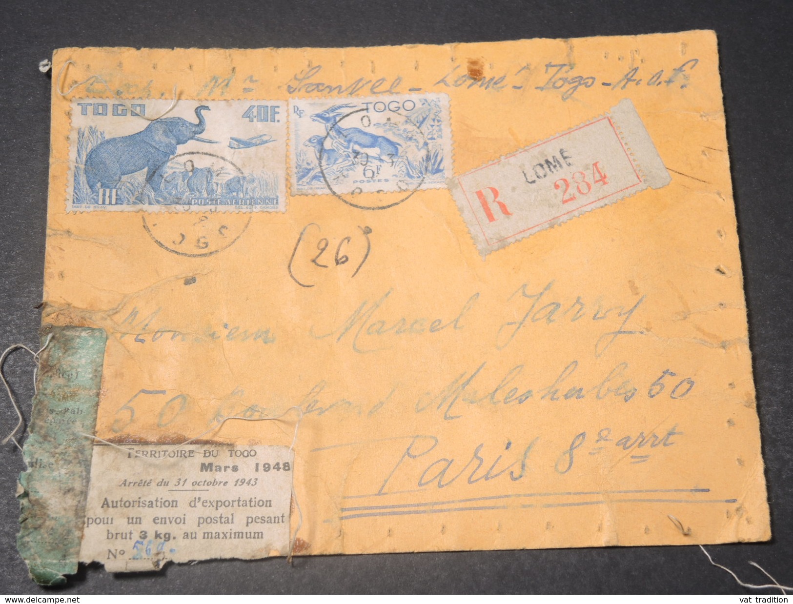 TOGO - Étiquette De Colis En Recommandé De Lomé ( Cousu Sur Le Sac )   Pour Paris - L 11254 - Storia Postale