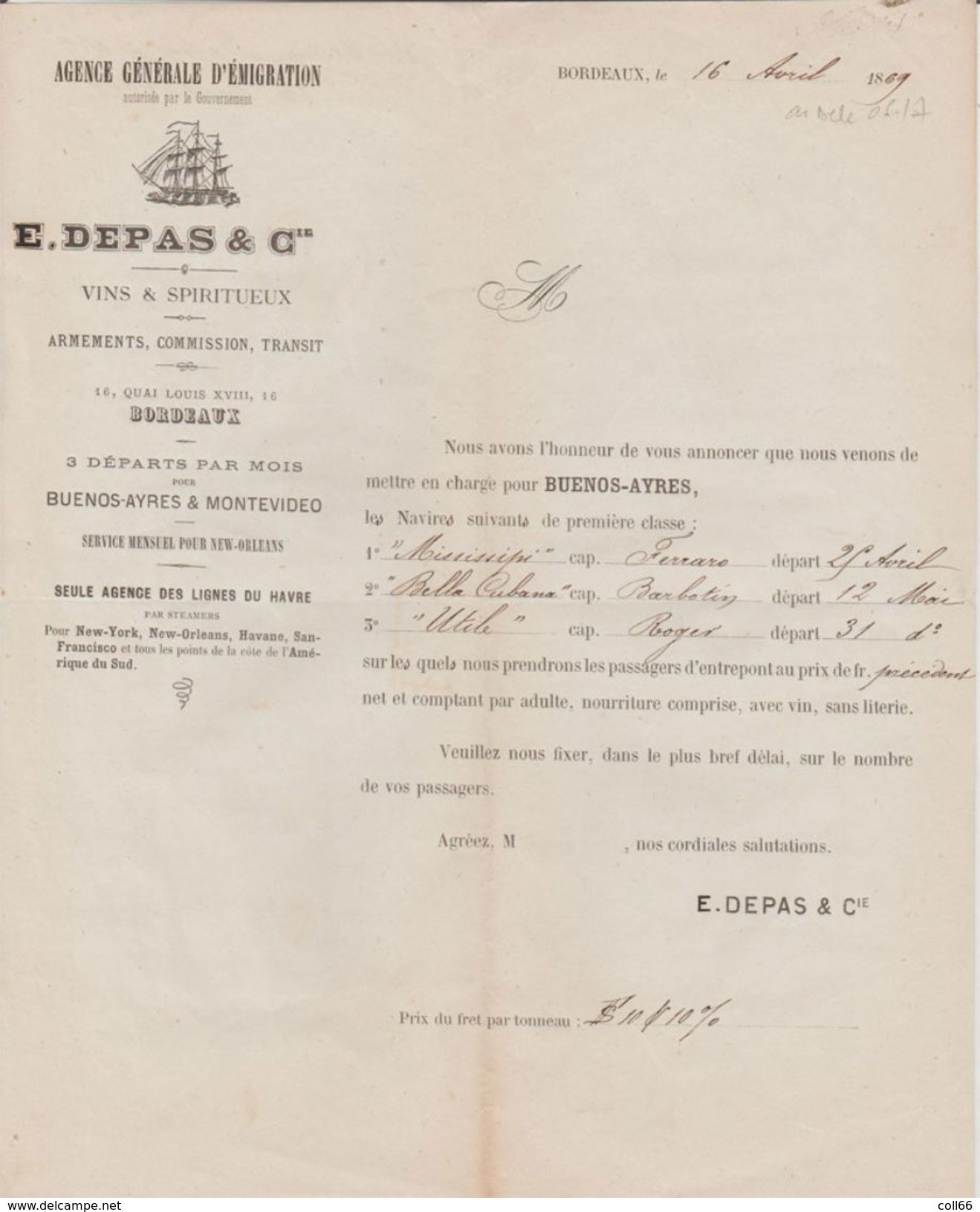 1869 Depas Agence Gal D'émigration Vins Spiritueux Navires Chargés/Buenos-Aires Missipi Bella Cubana Utile - Transports