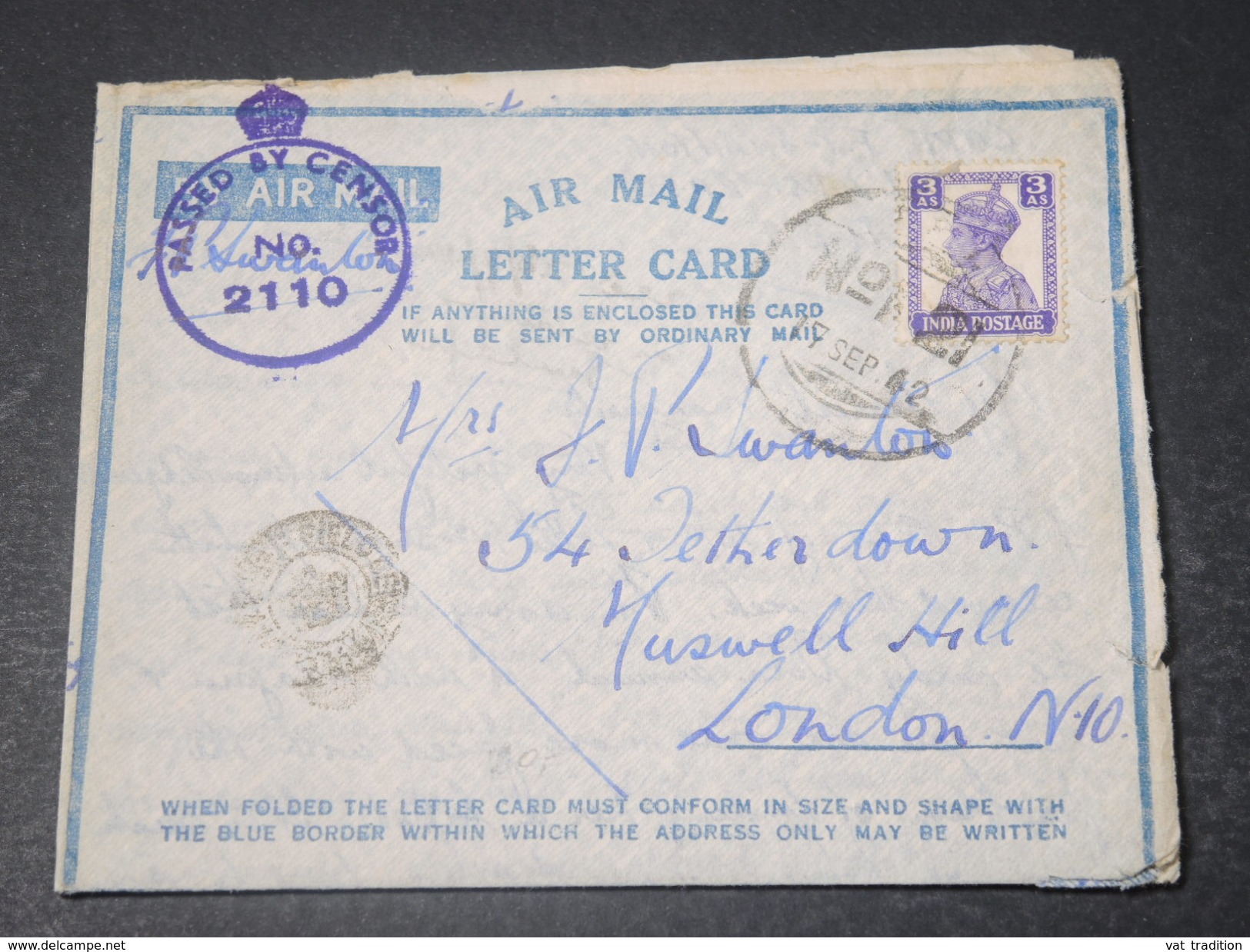 INDE - Aérogramme Pour Londres Avec Contrôle Postal En 1942- L 11268 - 1936-47 Koning George VI