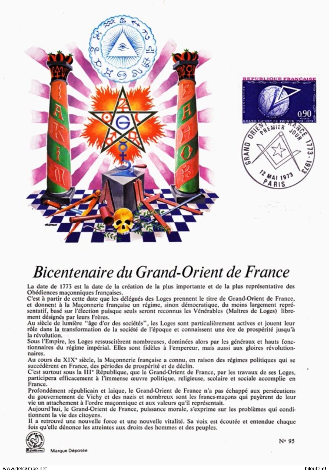 Bicentenaire Du Grand-Orient De France - Document 1er Jour - Oblitération Paris Du 12/05/1973 (DP231) - 1970-1979