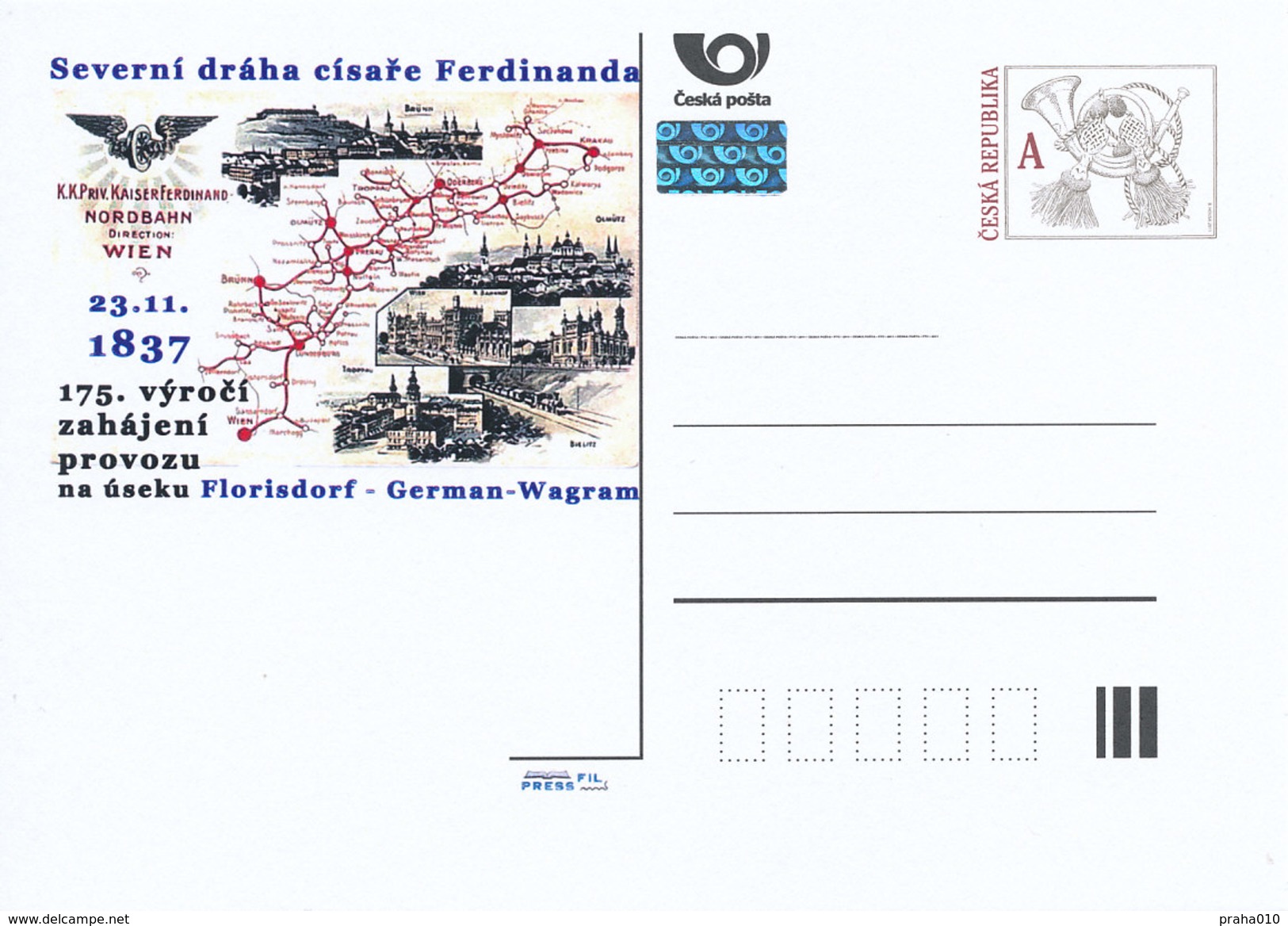 Tschech. Rep. / Ganzsachen (Pre2012/66) K.k. Privilegierte Kaiser Ferdinands-Nordbahn (1837), 175 Jahre - Geographie