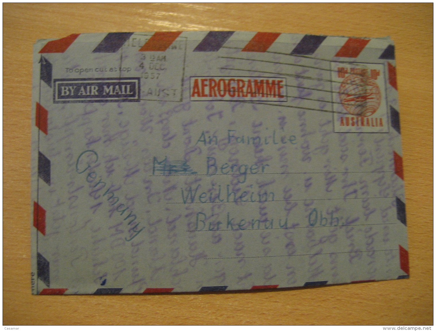 MELBOURNE 1957 To Weilheim Germany Aerogramme Air Mail AUSTRALIA - Aérogrammes