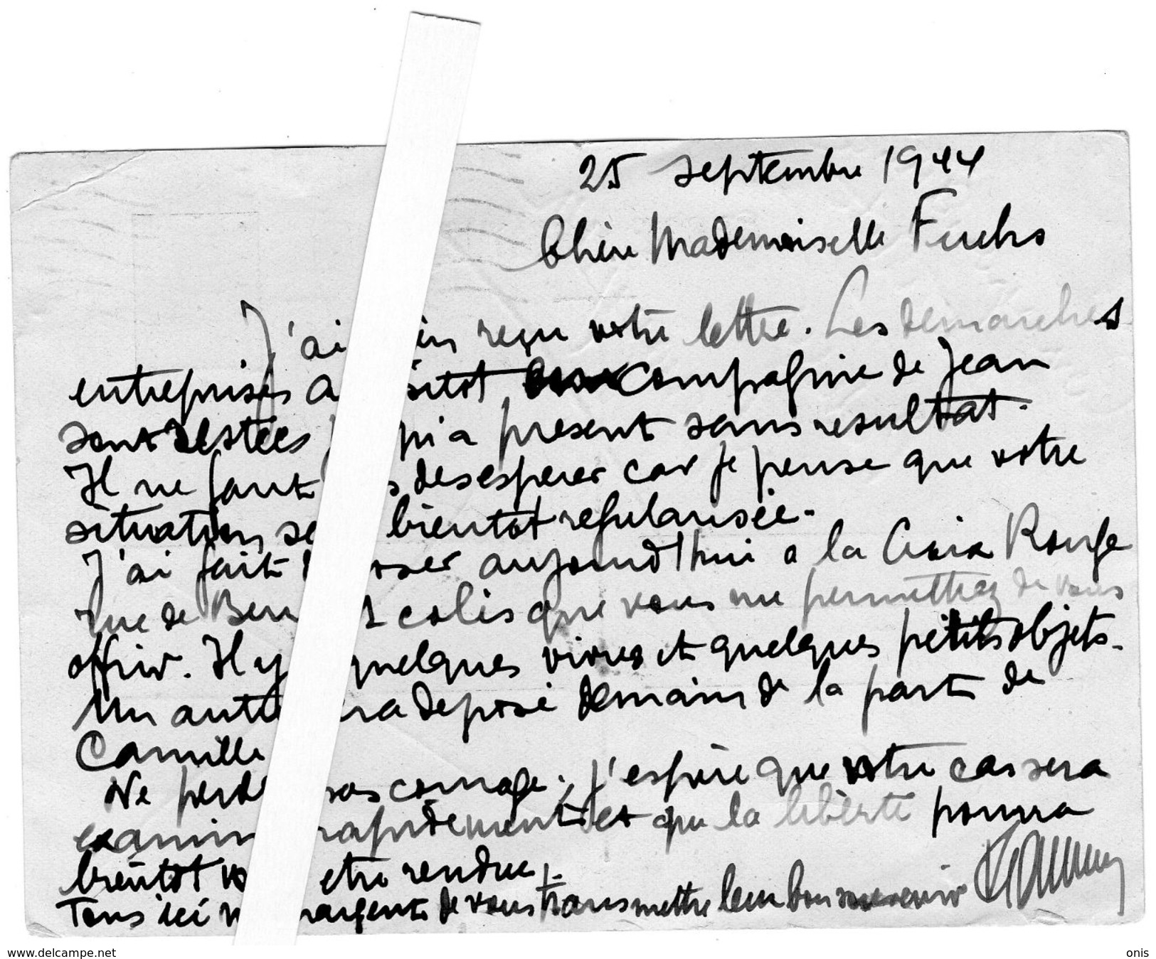 Militaria: Guerre 39-45- Internement :Courrier Adressé Le 25-9-44 à Louise FUCHS ,Fort De Noisy Le Sec.(Camp Détention ) - 1939-45