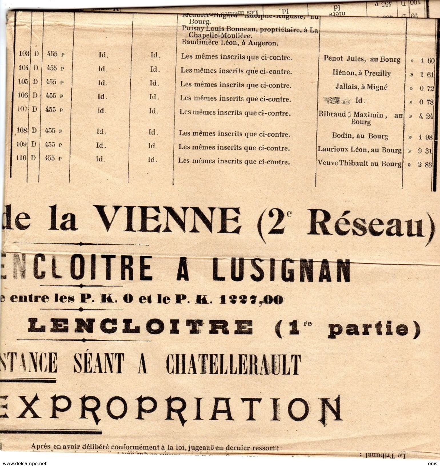 Tramways De La Vienne(86): Ligne De Lencloitre à Lusignan- Affiche 1911- Jugement D'expropriation. 62 X 46 Cm. Liste .. - Ferrocarril