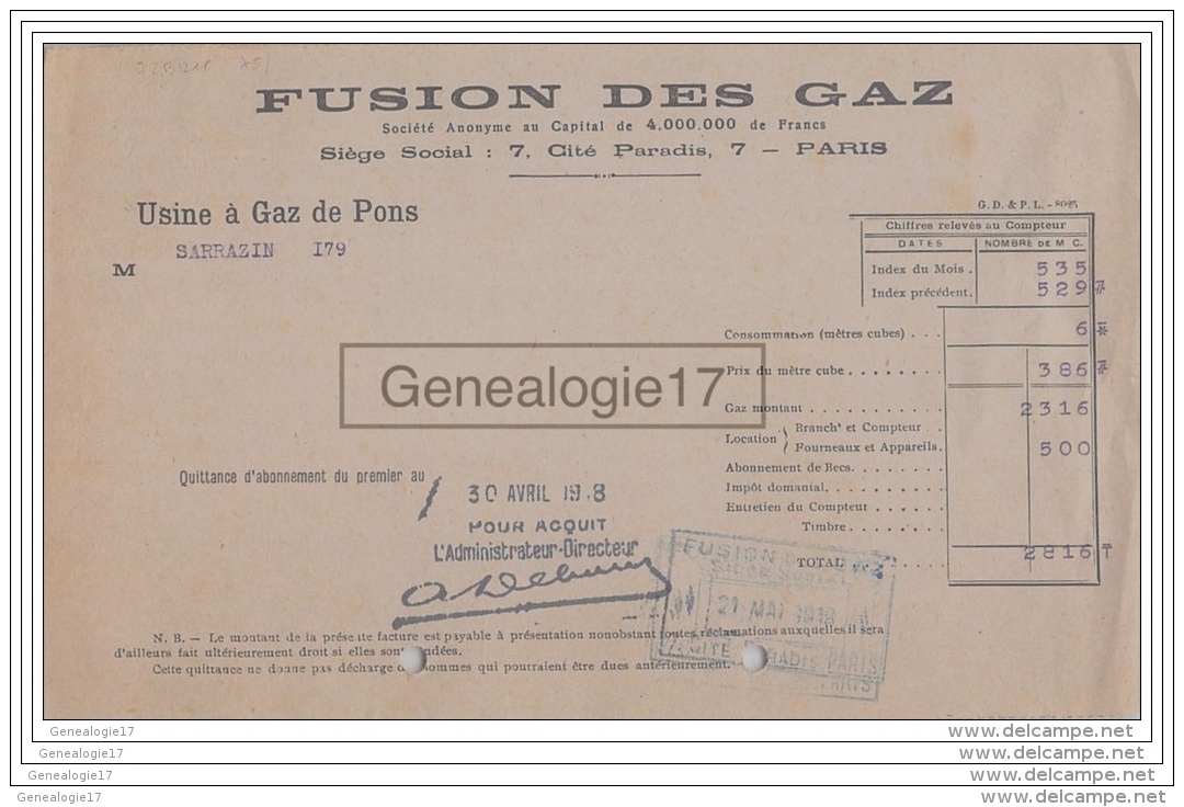 75 13 744 PARIS SEINE 1918 FUSION DES GAZ CitÂŽ Paradis -- USINE A GAZ DE PONS 17 - 1900 – 1949