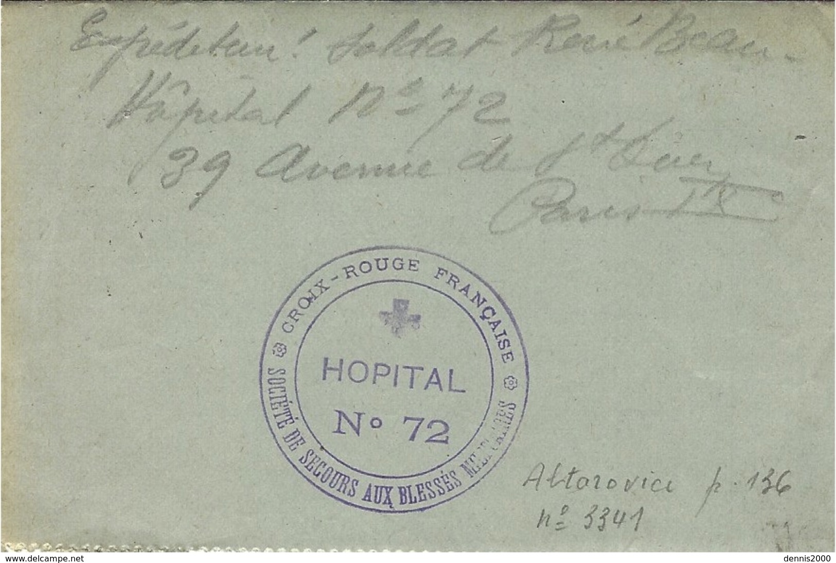 1915- Lettre En F M - " HÔPITAL N°72  ( Paris  Av. De St Ouen ) - Guerre De 1914-18