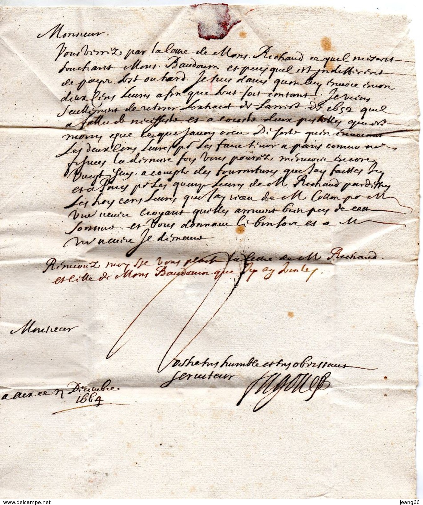 Correspondance D'AIX Pour ORGON Le 12/12/1664.Beau Pliage. - ....-1700: Précurseurs