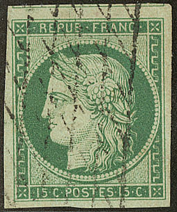 No 2, Vert, Un Voisin, Obl Grille Sans Fin, Nuance Foncée. - TB. - R - 1849-1850 Cérès