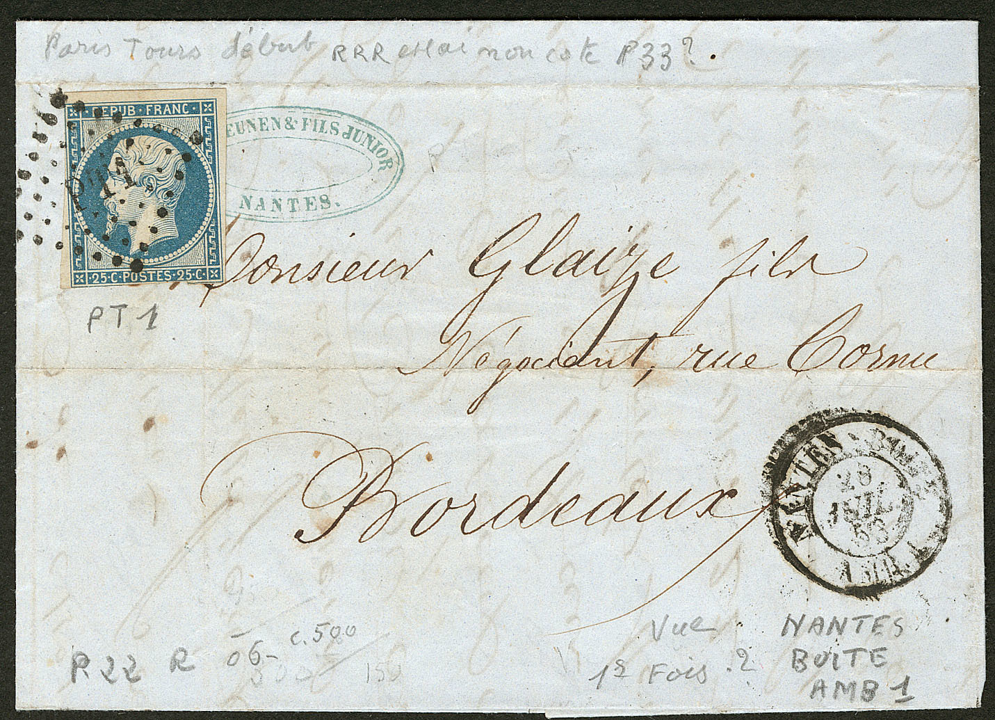 LETTRE Ambulant. No 10 (def) Obl "PT1" Romaine Sur Lettre Avec Cad "Nantes Boite AMB.1" De Juil 53. - TB - 1852 Luis-Napoléon