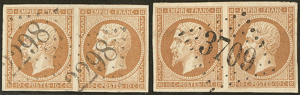 No 13II, Deux Paires Horizontales Obl GC, Deux Nuances. - TB - 1853-1860 Napoleone III