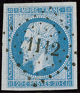 No 14Ig, Bleu Sur Lilas, Obl Pc 1112, Ex Choisi. - TB - 1853-1860 Napoleon III