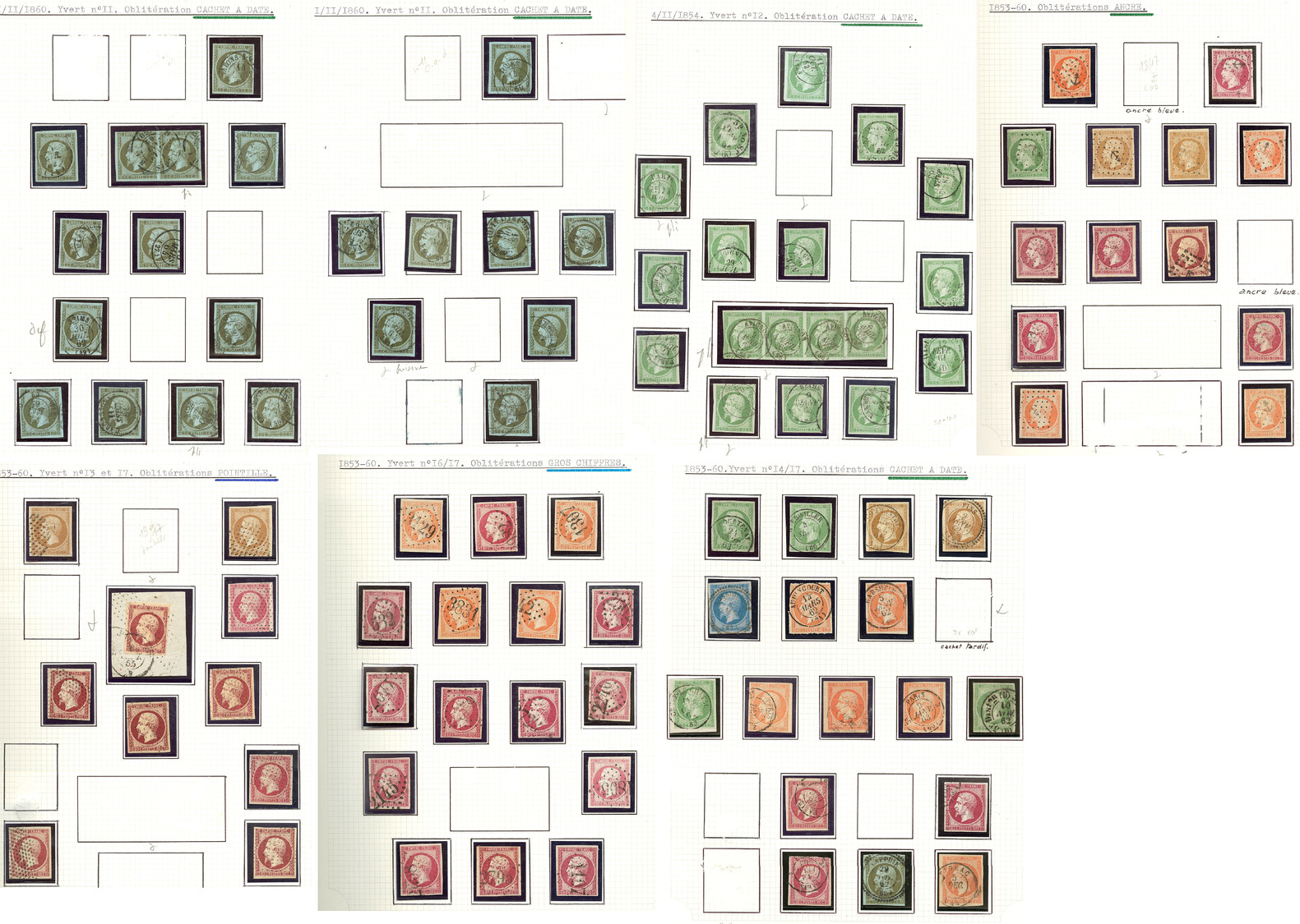 Collection. Oblitérations. 1853-1860 (Poste), Entre Les N°11 Et 17, Doubles Et Multiples Dont Paires Horizontales Et Ban - 1853-1860 Napoleone III