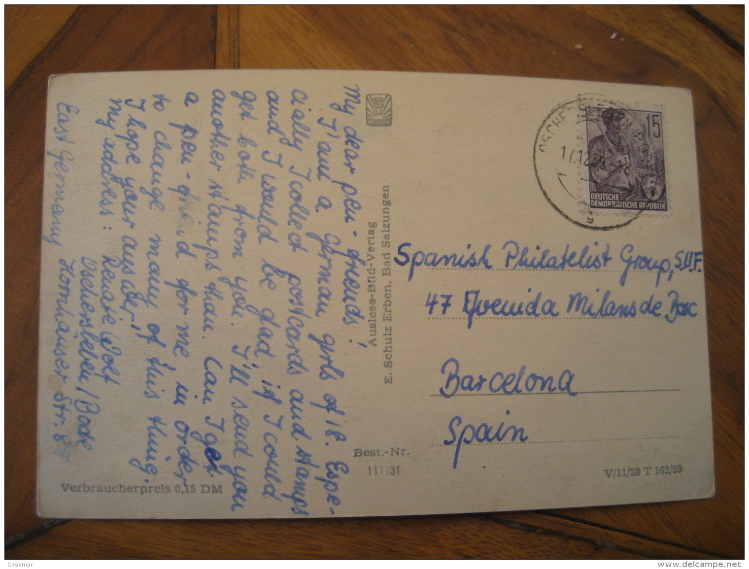 OSCHERSLEBEN 1959 To Barcelona Spain Post Card Saxony Anhalt Borde Germany - Oschersleben