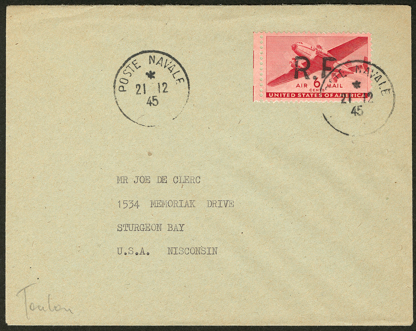 LETTRE Toulon. No 17, Petit Bdf, Pli, Obl Cad 21.12.45 Sur Enveloppe Pour Le Wisconsin. - TB - Military Airmail