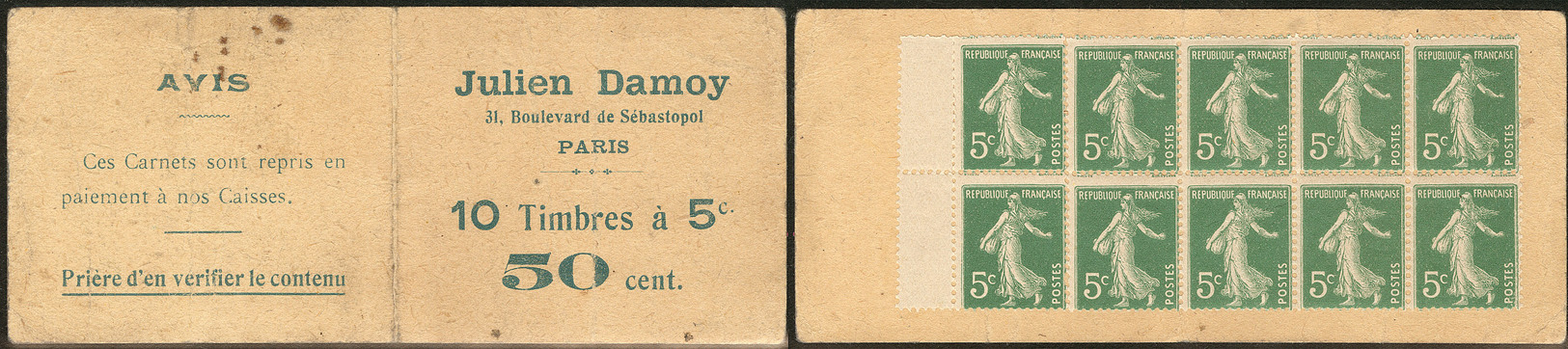 ** Carnets De Fabrication Privée. Carnet-monnaie "Julien Damoy", Composé De 10t à 5c N°137, Les Timbres Détachés Sinon T - Other & Unclassified