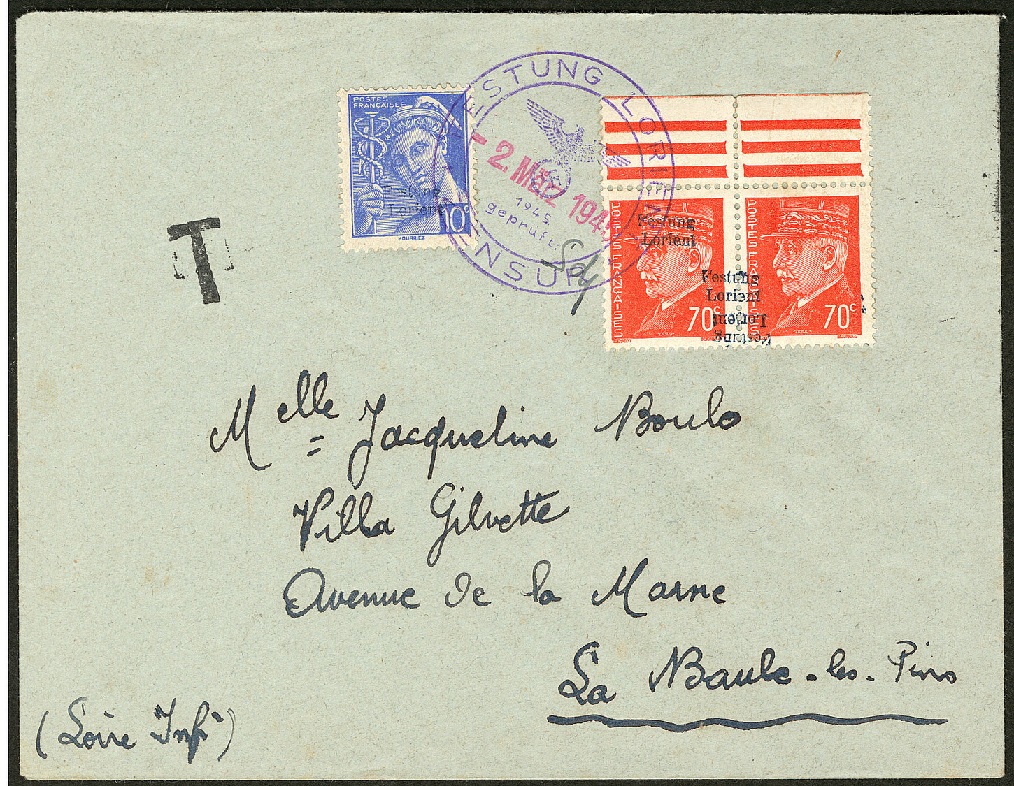 LETTRE Nos 1 + 6 Paire Horizontale Bdf Dont Surcharge Renversée Et Double, à Cheval, Sur Enveloppe Du 2 Mars 45 Pour La  - War Stamps