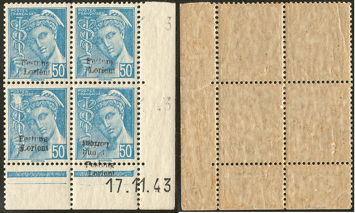 ** No 4 (50c Mercure, Mi. # 4), Bloc De Quatre Cd 17.11.43 (le Bdf Droit Est En Grande Partie Détaché), Un Ex Pelurage A - War Stamps