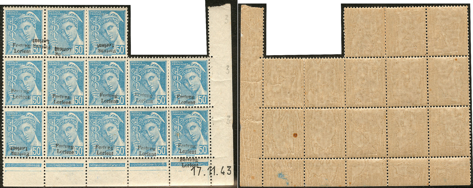 ** No 4, Bloc De 13ex Cd 17.11.43 Dont Trois Surch. Renversée Et Une Double Surcharge Dont Une Renversée, Gomme Légèreme - War Stamps