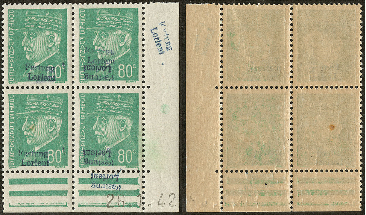 ** No 7 (80c Pétain, # Mi. 7), Bloc De Quatre Cd 26.1.42 Dont Surch. Renv. Et Double Surch. Dont Une Renversée, Point De - War Stamps