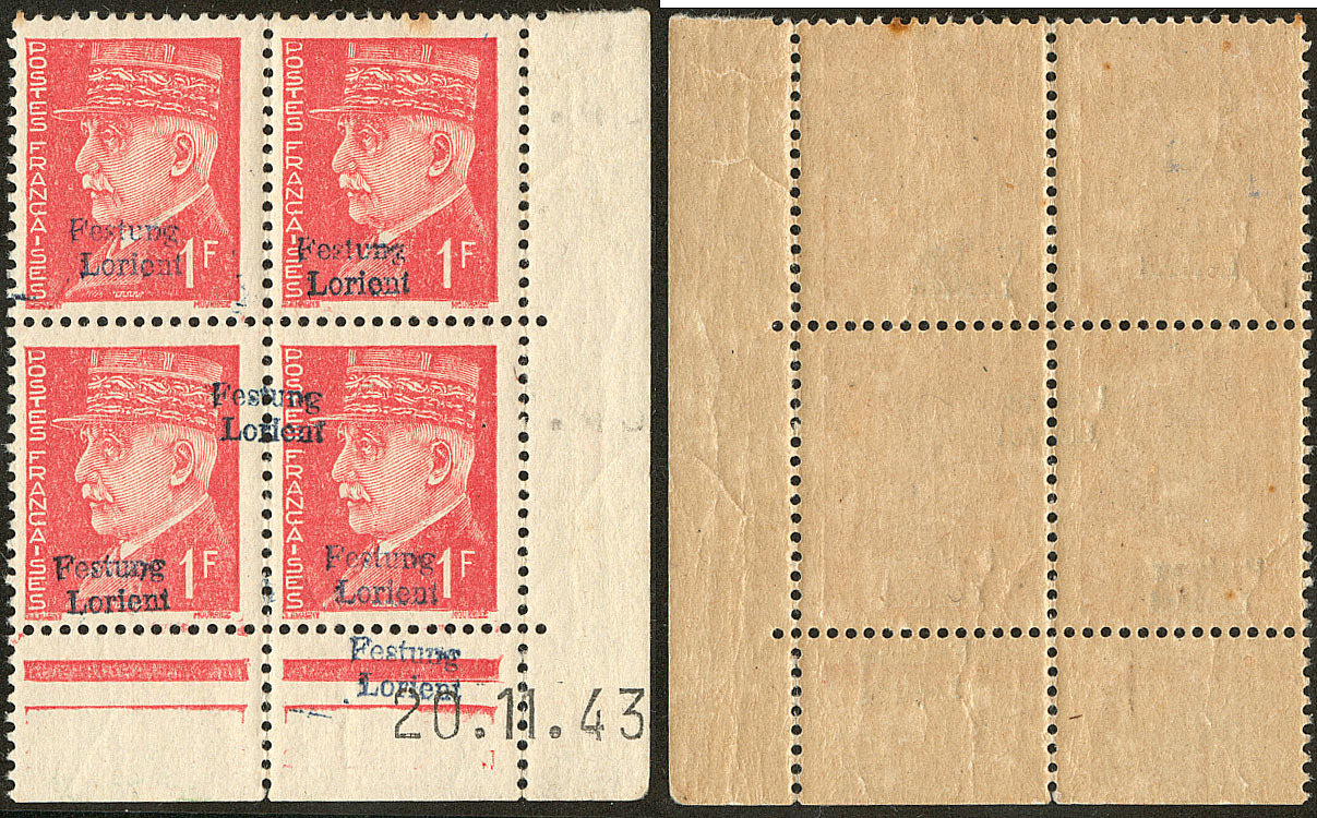 ** No 8, Bloc De Quatre Cd 20.11.43 (peut être Unique En Bloc De Quatre), Dont Une Surcharge à Cheval, Qqs Rousseurs Et  - War Stamps